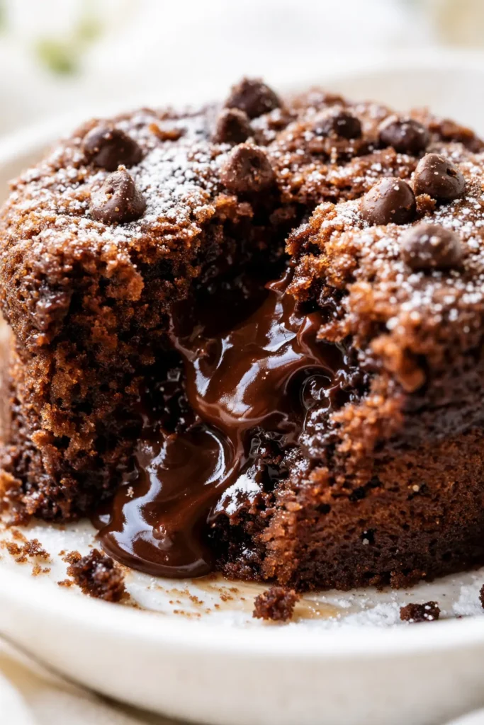 Rich gooey chocolate cake with molten center in a small ramekin, topped with powdered sugar.