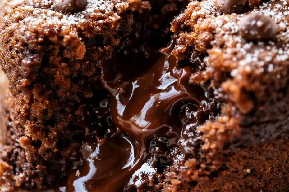 Rich gooey chocolate cake with molten center in a small ramekin, topped with powdered sugar.