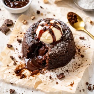 Spoon stirring glossy, dark chocolate mug cake batter, thick and gooey texture in a ceramic mug