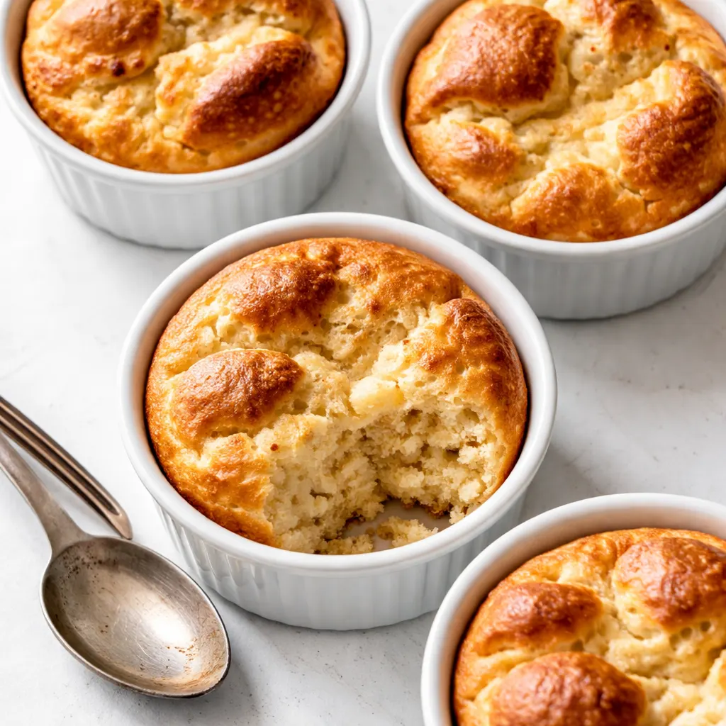 Baked protein pancake bowls baking in a dish, turning fluffy and golden with a soft brown crust.