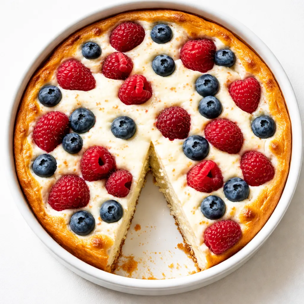 Firm baked yogurt slice with red and blue berry swirl, creamy texture visible