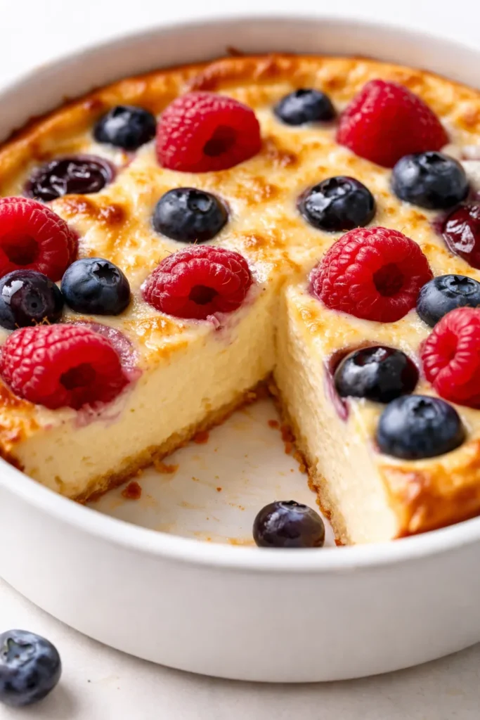 Firm baked yogurt slice with vibrant berry swirls, creamy texture, and golden brown top.