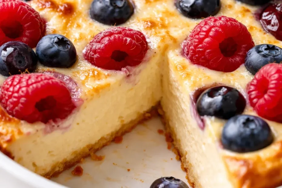 Firm baked yogurt slice with vibrant berry swirls, creamy texture, and golden brown top.