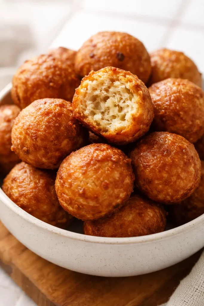 Golden brown banana donut holes dusted with cinnamon sugar, piled on a rustic wooden plate, looking crispy and fluffy.