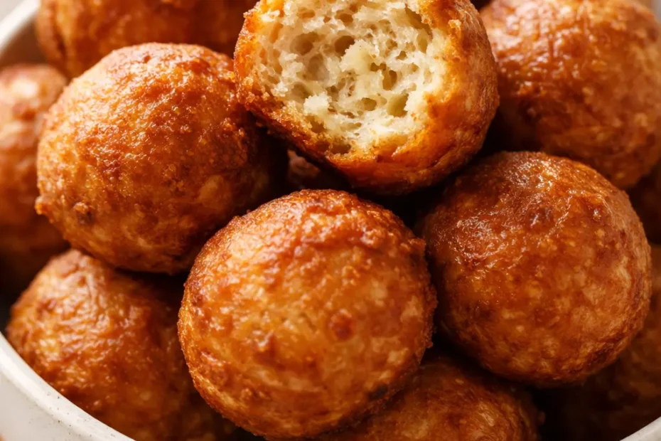 Golden brown banana donut holes dusted with cinnamon sugar, piled on a rustic wooden plate, looking crispy and fluffy.