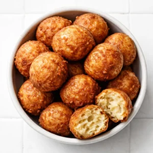 Two-ingredient banana donut holes frying in hot oil, turning golden brown with a crispy exterior.