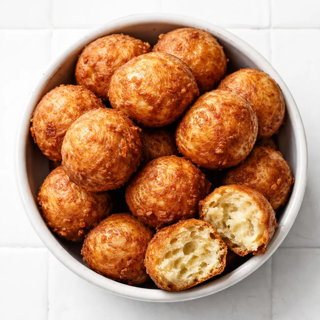 Two-ingredient banana donut holes frying in hot oil, turning golden brown with a crispy exterior.