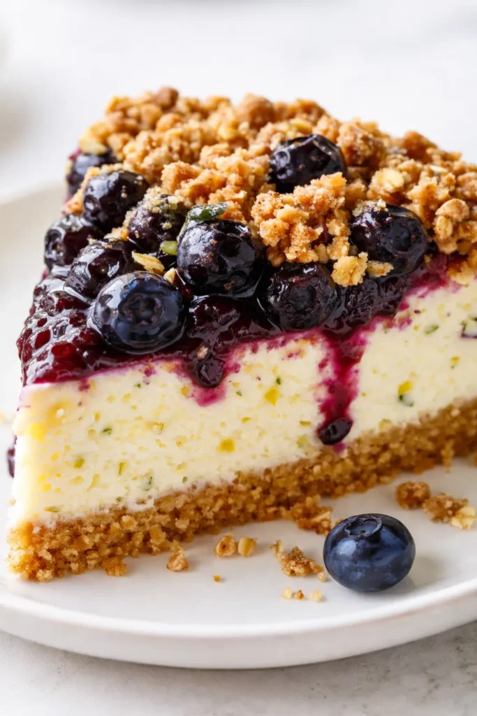 Blueberry crumble cheesecake slice with creamy cheesecake, fresh blueberries, and golden crumble topping on a white plate.