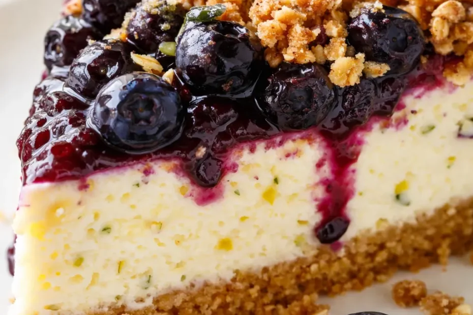 Blueberry crumble cheesecake slice with creamy cheesecake, fresh blueberries, and golden crumble topping on a white plate.