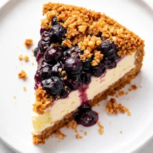 Sprinkling golden oat crumble over creamy blueberry-swirled cheesecake batter in a springform pan for a blueberry crumble cheesecake.