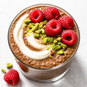 Creamy cacao blended chia pudding being poured into a bowl, rich dark chocolate color and smooth texture.