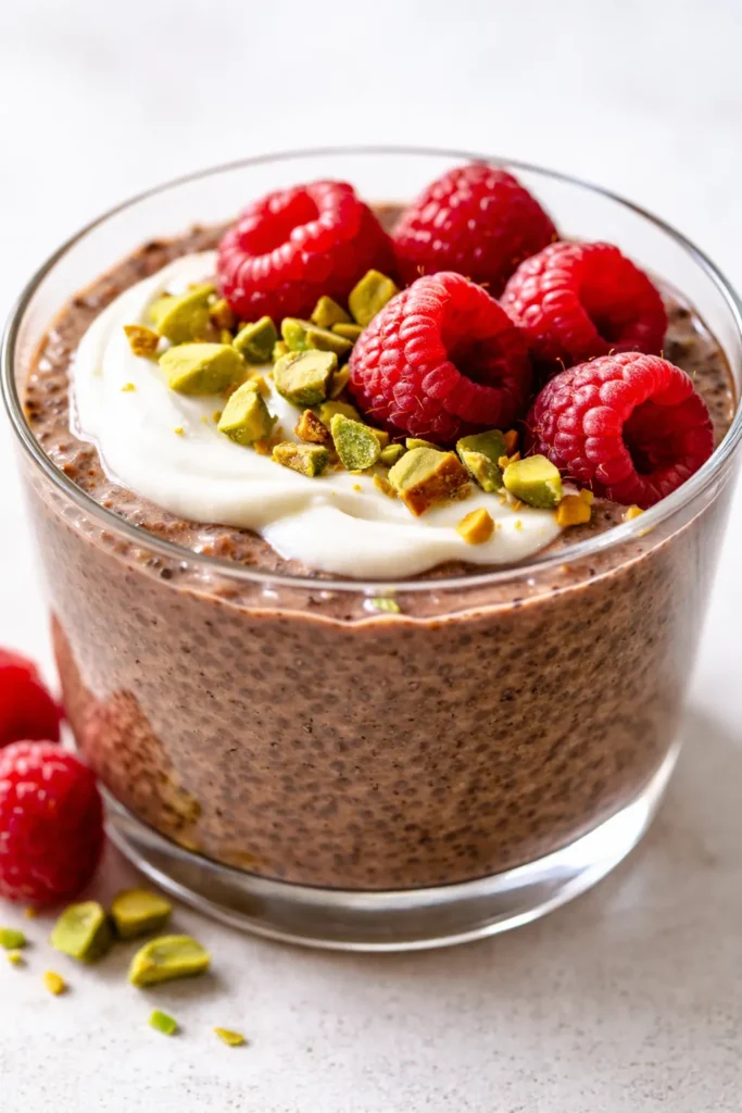 Creamy cacao blended chia pudding in a bowl with smooth dark chocolate color and fresh berries on top.