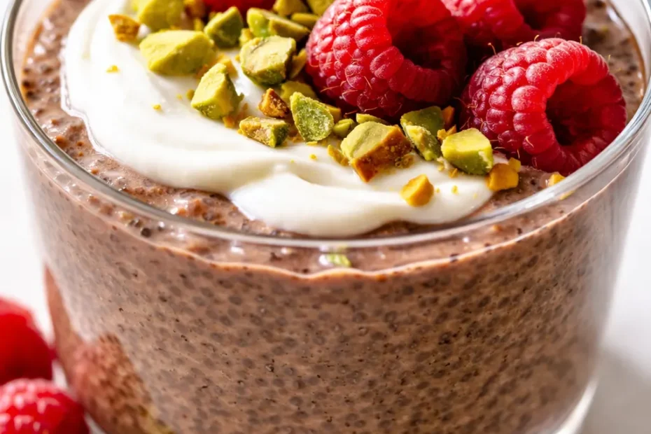 Creamy cacao blended chia pudding in a bowl with smooth dark chocolate color and fresh berries on top.