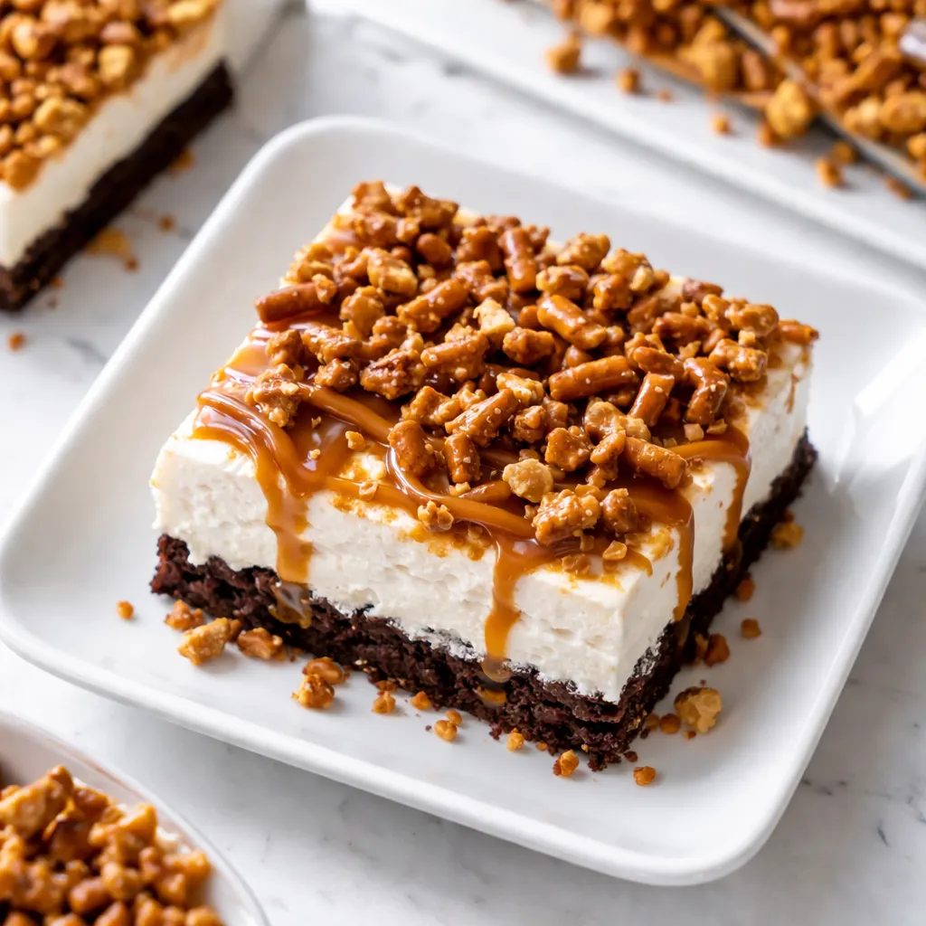 Caramel Ribbon Crunch Bars with glossy caramel ribbons drizzled over a golden, crunchy oat base.