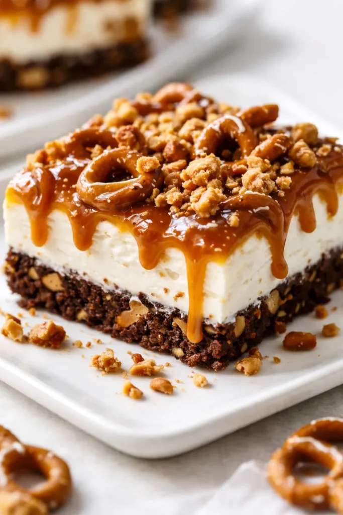 Caramel Ribbon Crunch Bars with a crispy golden base, thick caramel ribbons, and a chocolate drizzle on a white plate.