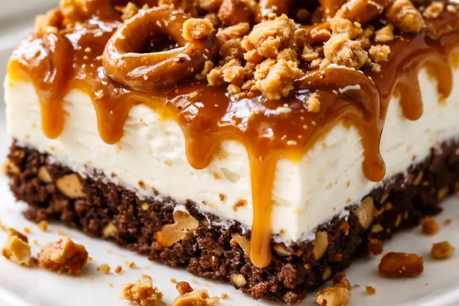 Caramel Ribbon Crunch Bars with a crispy golden base, thick caramel ribbons, and a chocolate drizzle on a white plate.