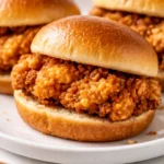 Golden brown cheesy dynamite chicken buns drizzled with spicy sauce, gooey cheese oozing from the sides, crispy exterior on a white plate.