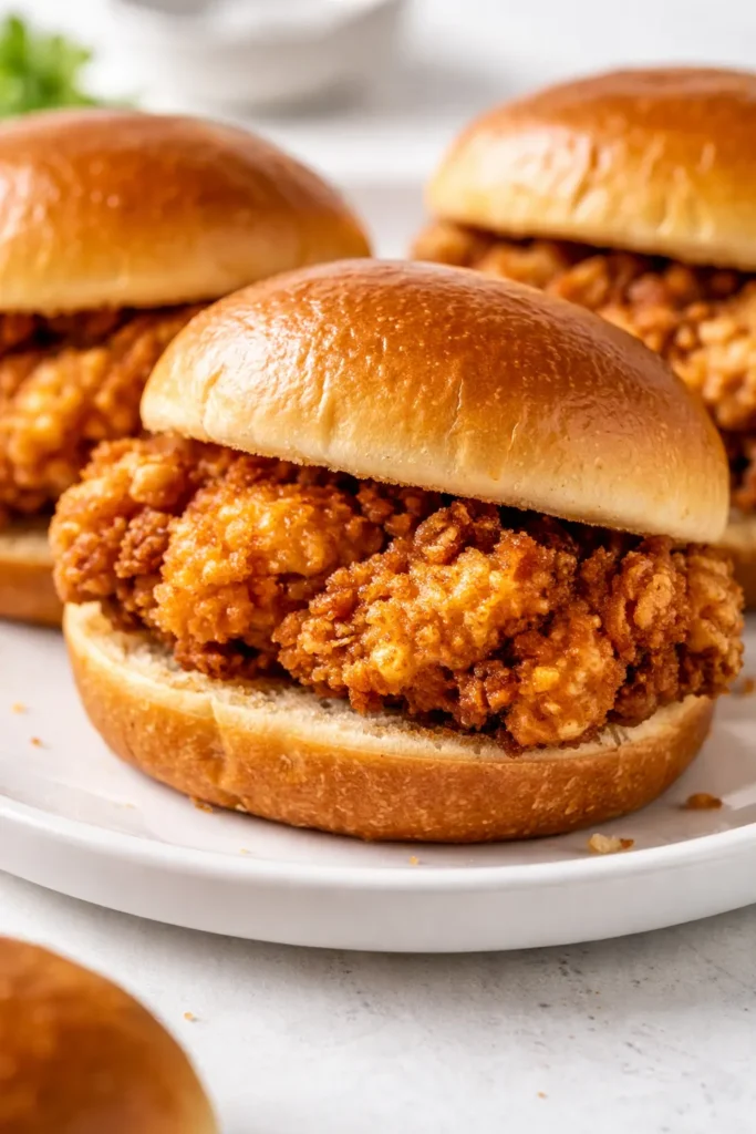 Golden brown cheesy dynamite chicken buns drizzled with spicy sauce, gooey cheese oozing from the sides, crispy exterior on a white plate.