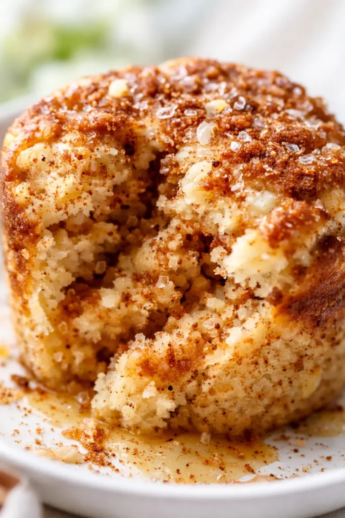 Moist cinnamon mug cake with a swirl of cream cheese frosting and a dusting of cinnamon, served in a mug, displaying a golden-brown crust and gooey center.