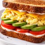 Golden crispy breakfast egg sandwich with melted cheese and a runny yolk on toasted bread.