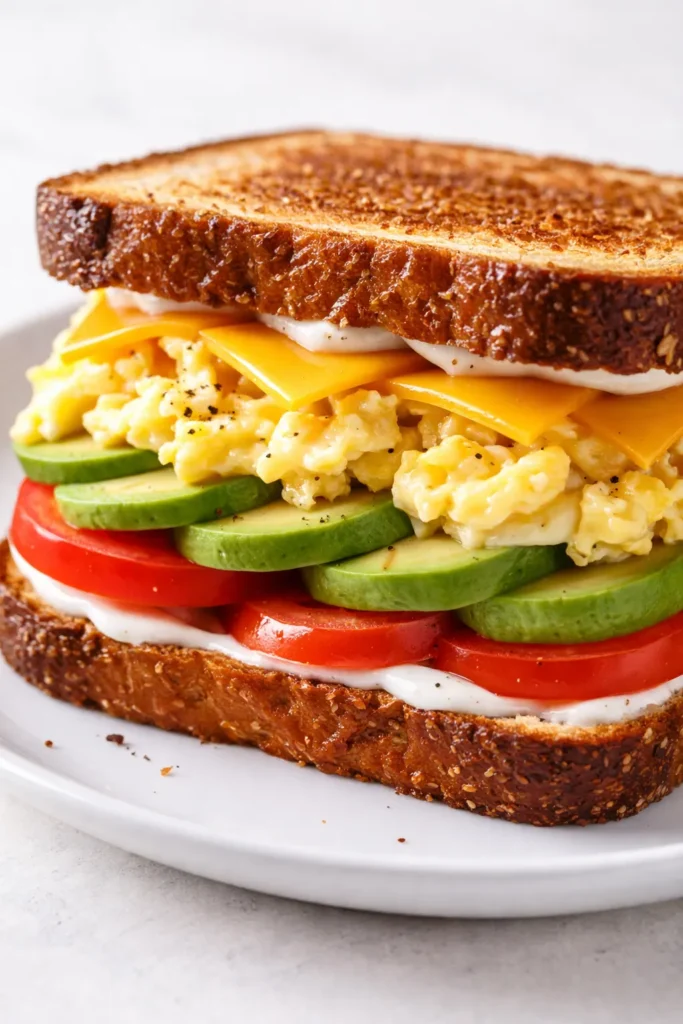 Golden crispy breakfast egg sandwich with melted cheese and a runny yolk on toasted bread.