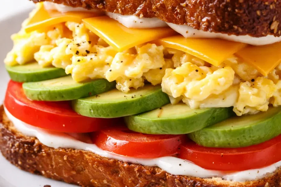 Golden crispy breakfast egg sandwich with melted cheese and a runny yolk on toasted bread.