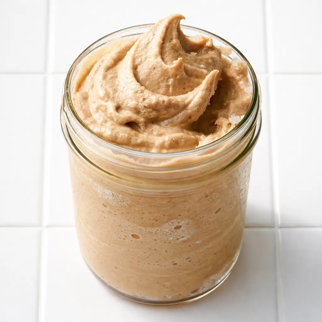 Frozen whipped coffee with a creamy, dreamy texture and light brown foam being poured into a glass.