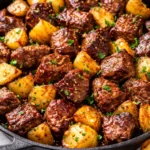 Garlic steak bites and crispy golden potatoes in a cast iron skillet, garnished with fresh parsley, showing tender meat and crunchy texture.