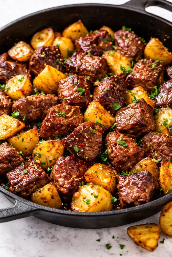 Garlic steak bites and crispy golden potatoes in a cast iron skillet, garnished with fresh parsley, showing tender meat and crunchy texture.