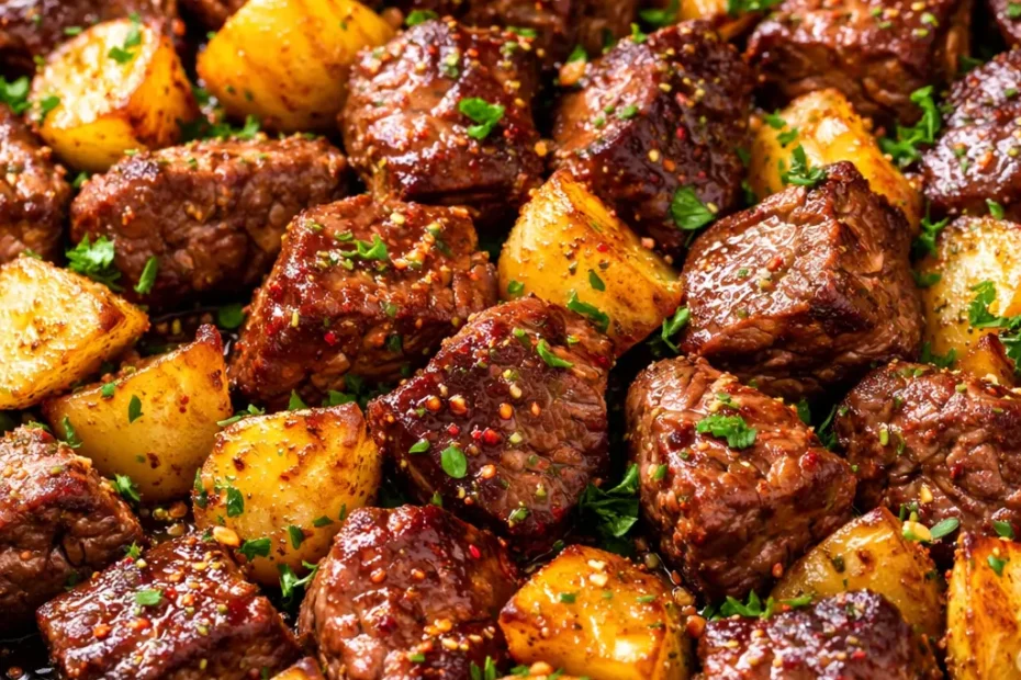 Garlic steak bites and crispy golden potatoes in a cast iron skillet, garnished with fresh parsley, showing tender meat and crunchy texture.