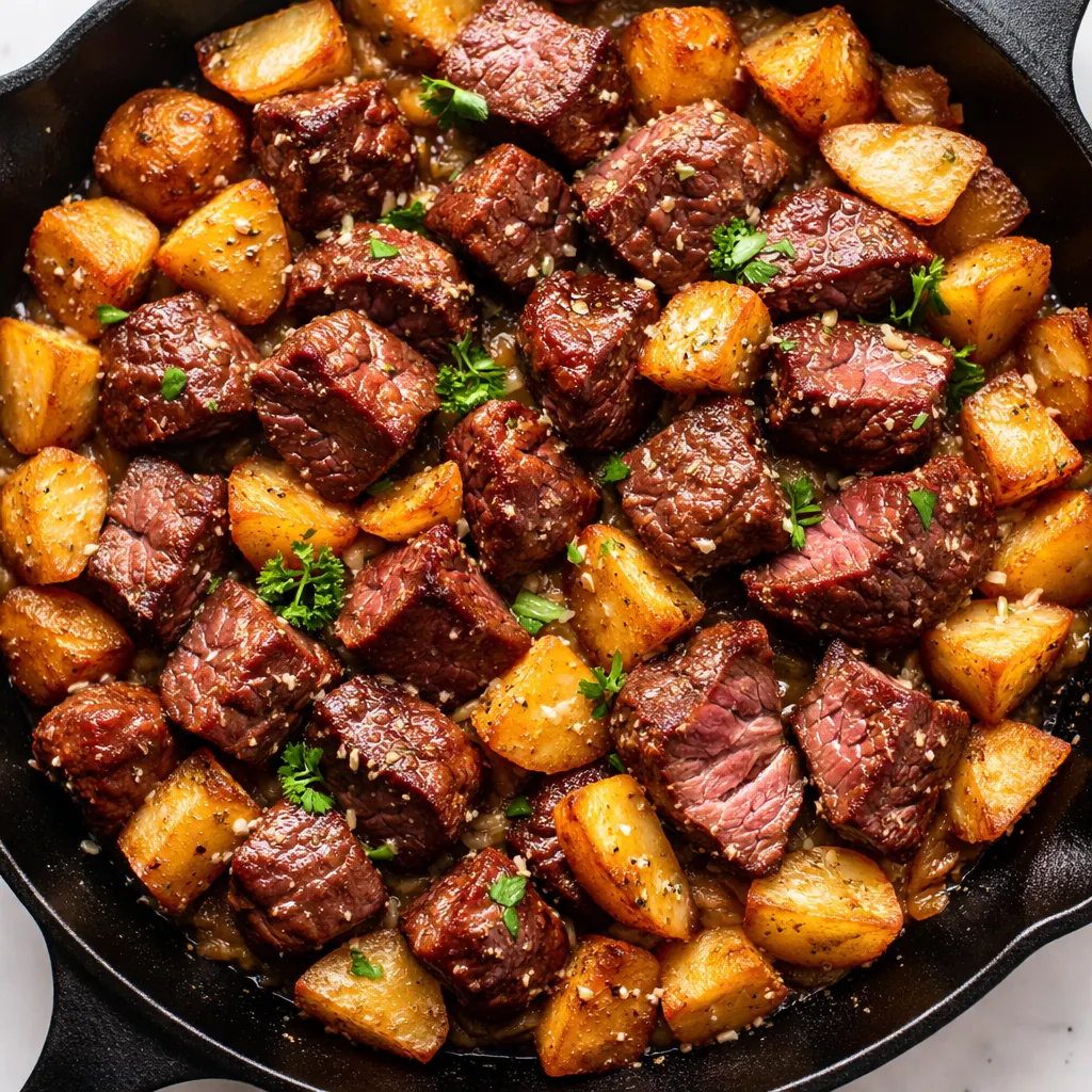 Sizzling garlic steak bites and crispy potatoes in a hot cast iron skillet, golden brown edges, garlic cloves scattered.