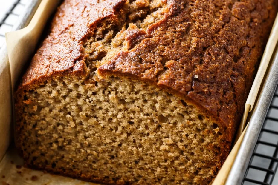 Moist gluten-free banana bread slice with golden brown crust and visible walnuts, a healthy and delicious treat.