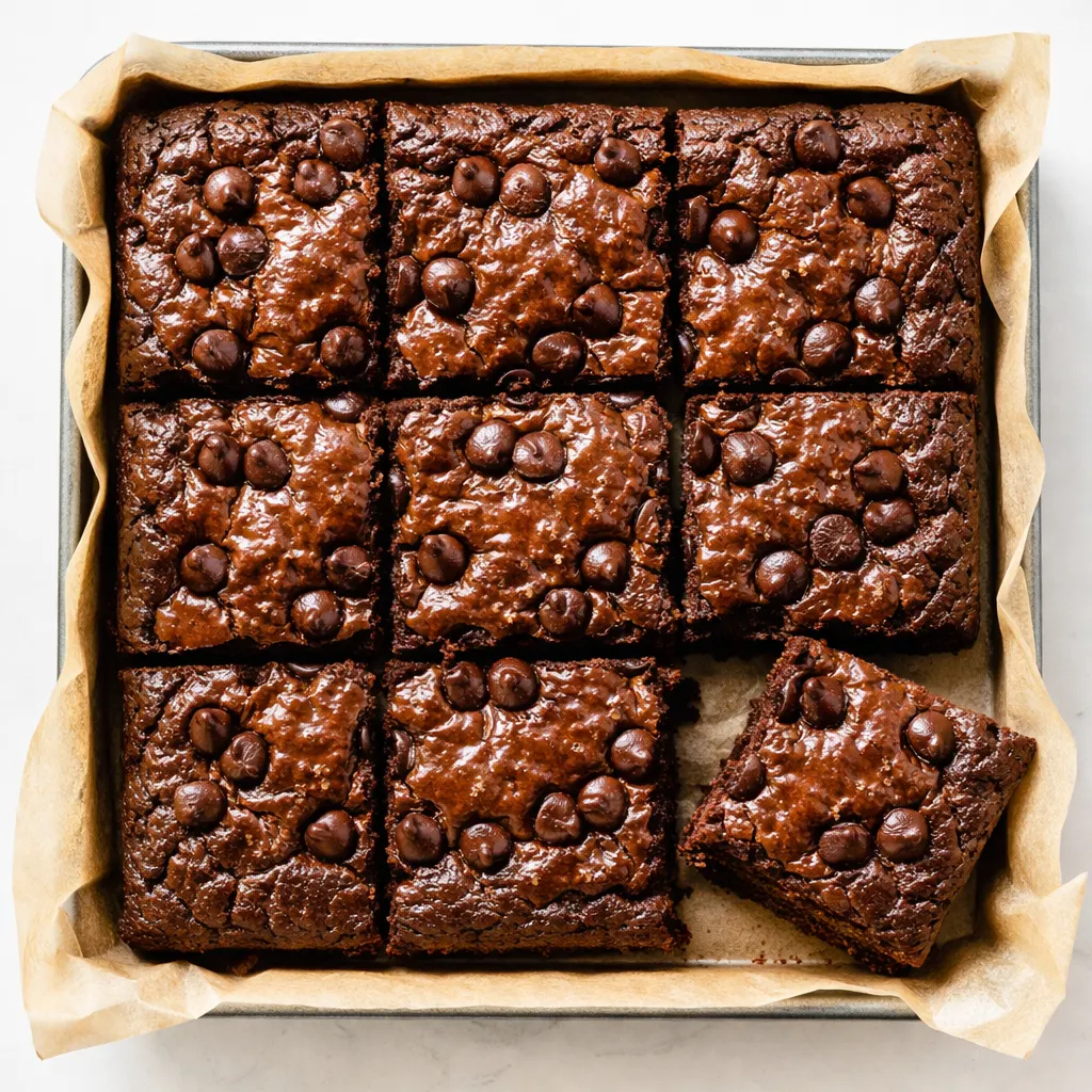 Fudgy healthy banana brownies with a rich, dark chocolate color and moist, dense texture on a white plate.