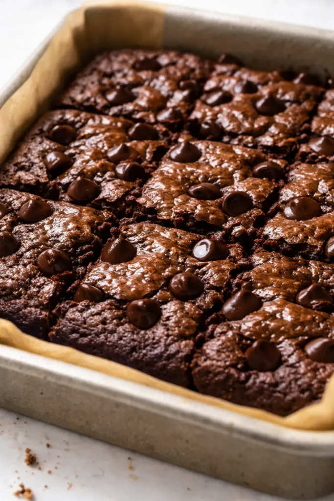 Moist, fudgy healthy banana brownies with dark chocolate chips, golden edges, and a rich brownie texture on a white plate.