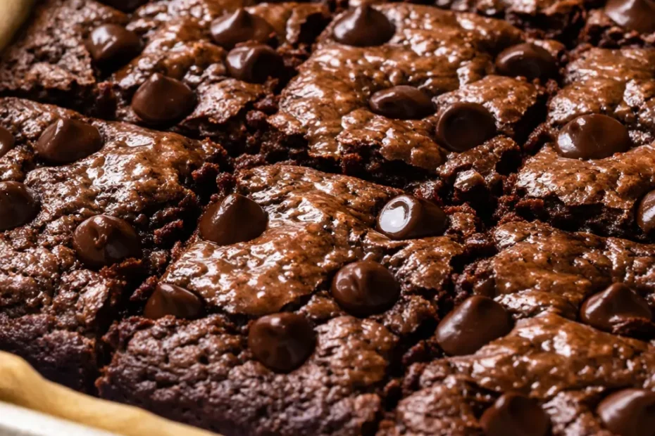 Moist, fudgy healthy banana brownies with dark chocolate chips, golden edges, and a rich brownie texture on a white plate.