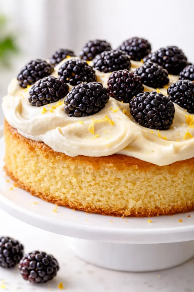 A slice of Lemon-Buttermilk Snoopy Summer Cake with glossy brown butter frosting, revealing a tender yellow crumb speckled with lemon zest.