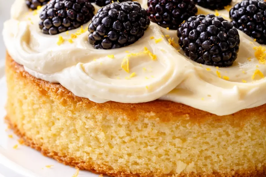 A slice of Lemon-Buttermilk Snoopy Summer Cake with glossy brown butter frosting, revealing a tender yellow crumb speckled with lemon zest.