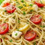 Bright lemon capellini salad with fresh herbs, cherry tomatoes, and glossy pasta strands in a light citrus dressing.