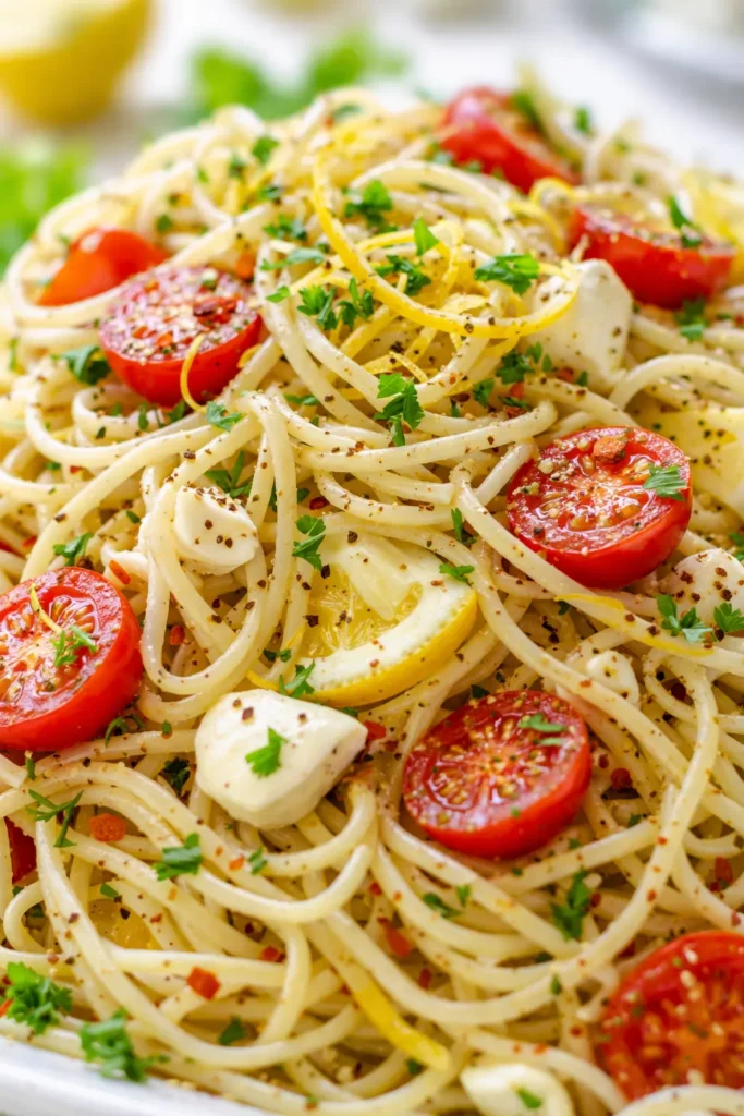 Bright lemon capellini salad with fresh herbs, cherry tomatoes, and glossy pasta strands in a light citrus dressing.