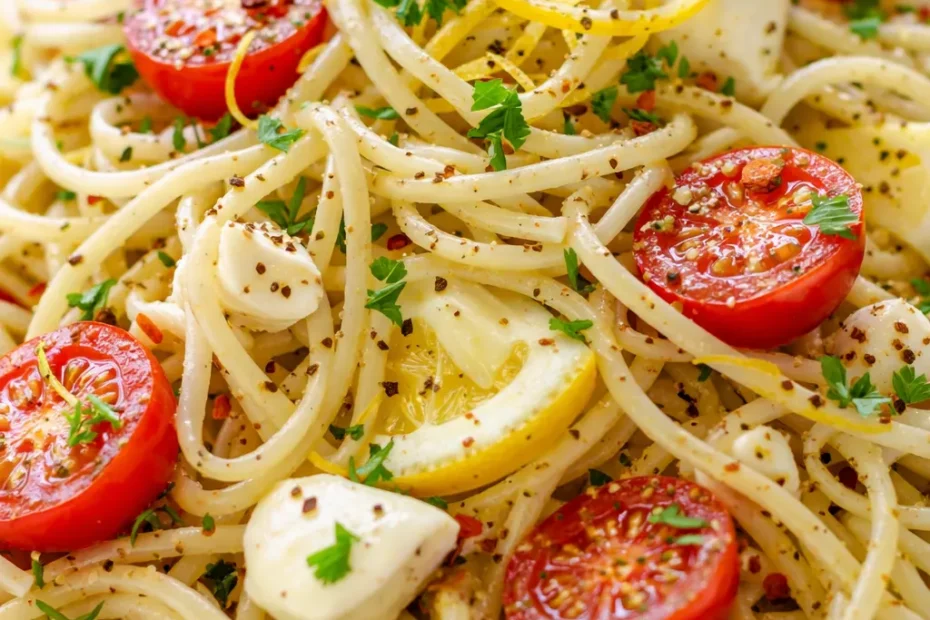 Bright lemon capellini salad with fresh herbs, cherry tomatoes, and glossy pasta strands in a light citrus dressing.