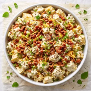Loaded baked potato salad with crispy bacon, melted cheddar, sour cream, and chives in a creamy dressing.