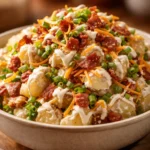 Creamy loaded baked potato salad topped with crispy bacon, melted cheddar cheese, and fresh green onions in a bowl.