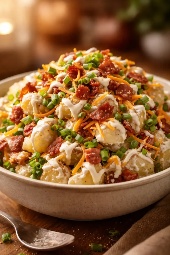 Creamy loaded baked potato salad topped with crispy bacon, melted cheddar cheese, and fresh green onions in a bowl.