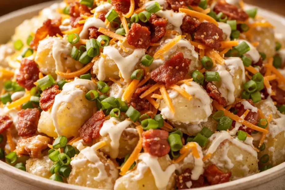 Creamy loaded baked potato salad topped with crispy bacon, melted cheddar cheese, and fresh green onions in a bowl.