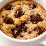 Warm, gooey microwave mug cookie with melted chocolate chips and golden brown edges in a ceramic mug.