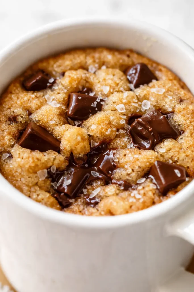 Warm, gooey microwave mug cookie with melted chocolate chips and golden brown edges in a ceramic mug.
