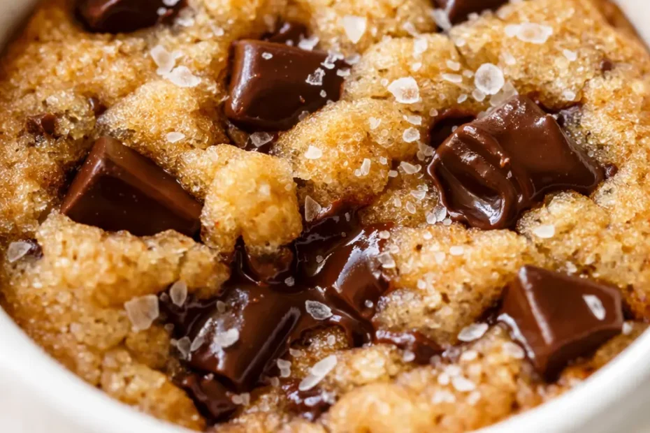 Warm, gooey microwave mug cookie with melted chocolate chips and golden brown edges in a ceramic mug.