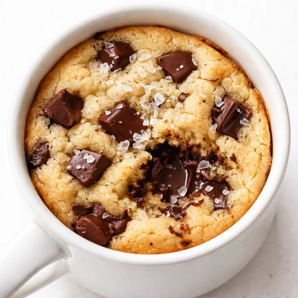 Stirring chocolate chip cookie dough in a microwave-safe mug, batter is beige with chocolate chips visible.