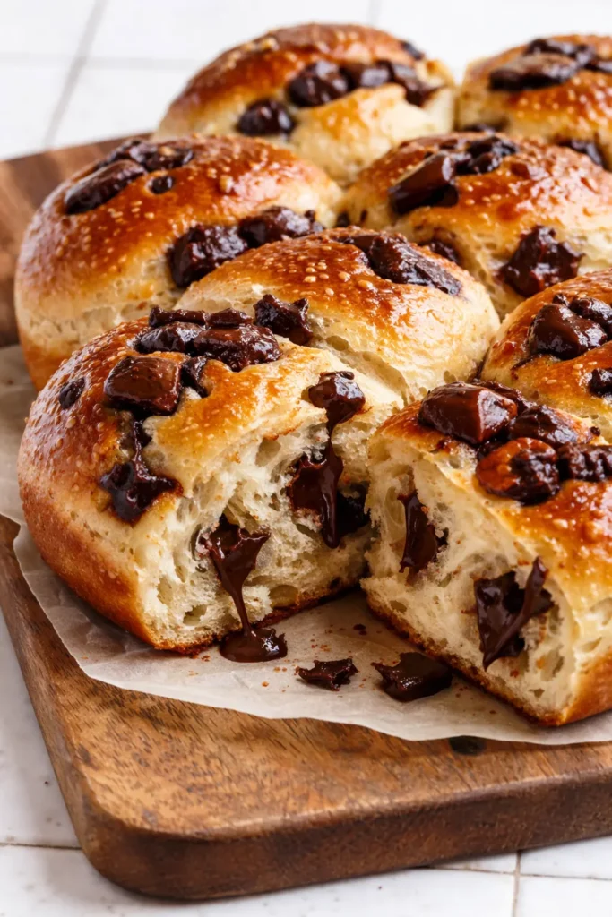 Golden brown chocolate chip milk buns, soft and pillowy, with melted chocolate chips, made using tangzhong for extra fluffiness.