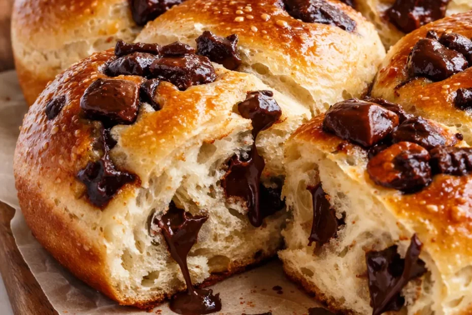 Golden brown chocolate chip milk buns, soft and pillowy, with melted chocolate chips, made using tangzhong for extra fluffiness.
